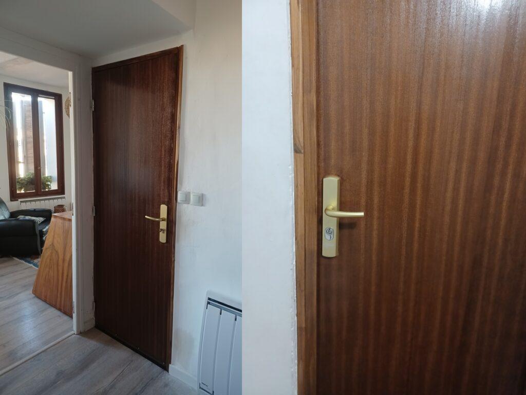 Porte en bois exotique avec serrure 3 points et poignée blindée